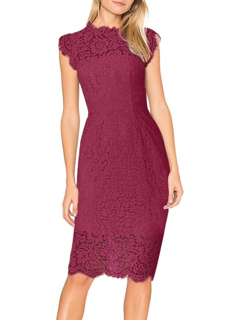 Women's Velvet Wine Lace Cocktail CrewNeck Sleeveless Slimming Sheath Midi Dress